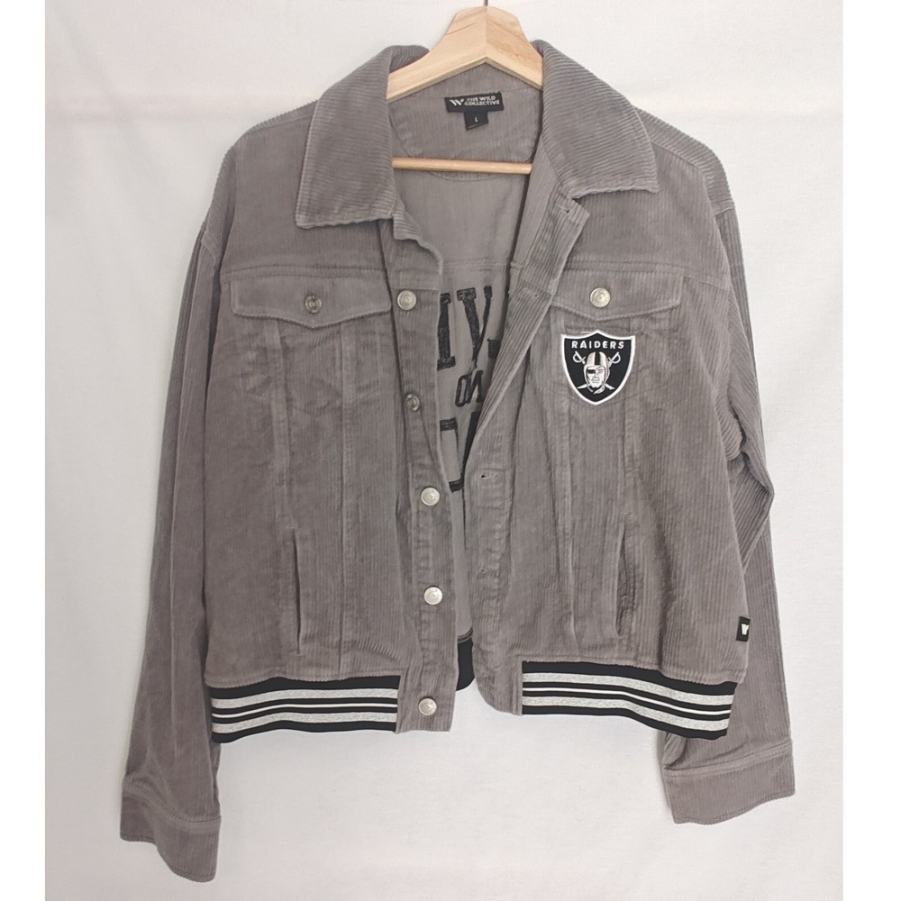 The Wild Collective Raiders Jacket Gray Corduroy Silver Black Embroidered Large